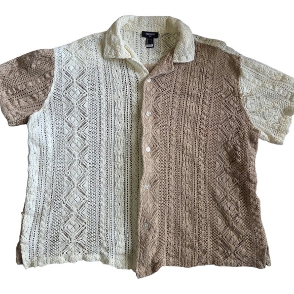 Forever 21 Other - Mens Size Large Crochet Knit Cotton Shirt Colorblock Tan Cream Button Up Boho
